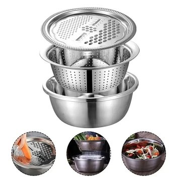 Многофункциональный кухонный набор из нержавеющей стали 3 в 1 Metal Basket Cutter Миска дуршлаг и терка 2131323963 фото