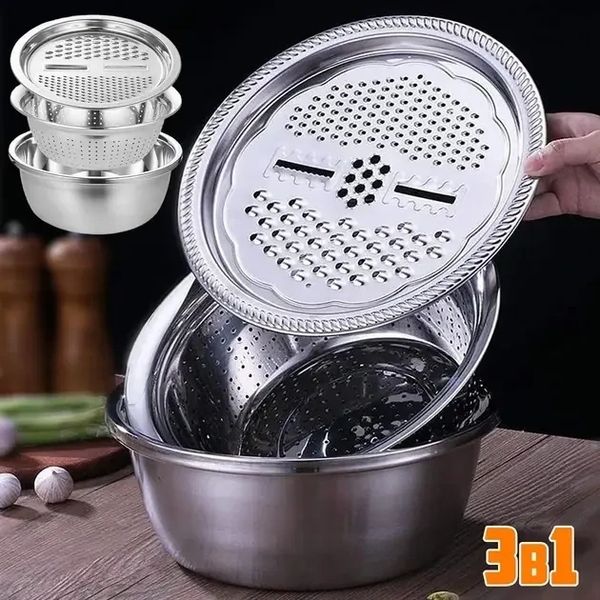 Багатофункціональний кухонний набір із неіржавкої сталі 3 в 1 Metal Basket Cutter Миска друшляк і тертка 2131323963 фото