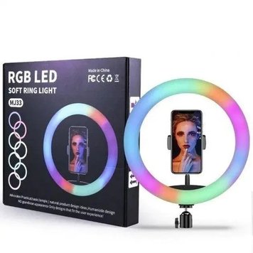 Светодиодная кольцевая LED лампа для селфы, фото и видео RGB MJ33 (33см) (1 крепление) (управление на проводе) 1714468686 фото