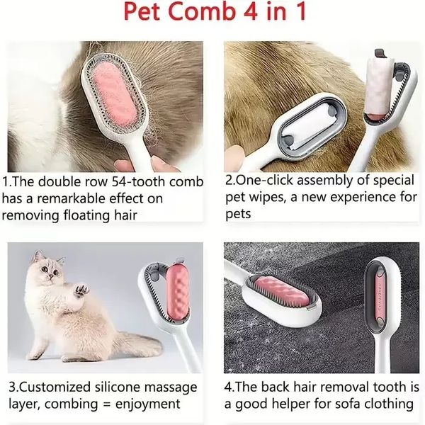 Щетка для вычесывания шерсти домашних животных 4 в 1 Pet Cleaning Comb с массажем и чисткой вещей Pink W28 2012180275 фото