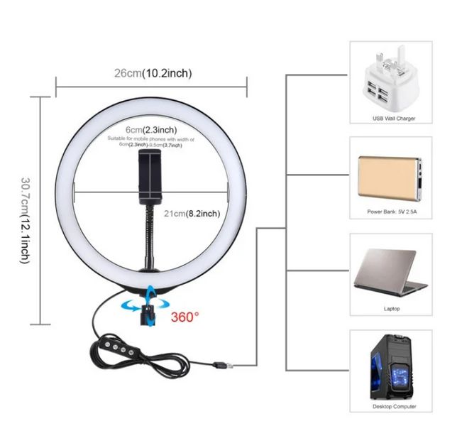 Кольцевая светодиодная Led лампа для блогера селфи фотографа визажиста D 26 см Ring 1211016210 фото