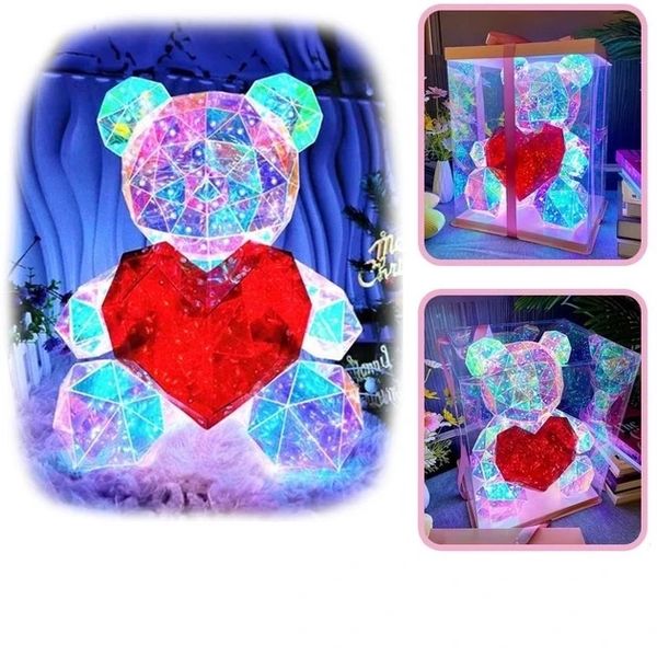 Хрустальний Ведмежатко Геометричний Ведмедик 3D LED Teddy Bear нічник з червоним серцем 25 см 2137524843 фото