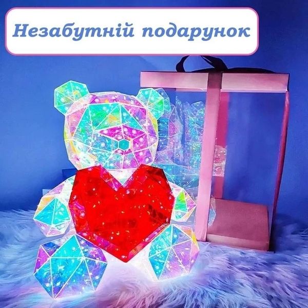 Хрустальний Ведмежатко Геометричний Ведмедик 3D LED Teddy Bear нічник з червоним серцем 25 см 2137524843 фото