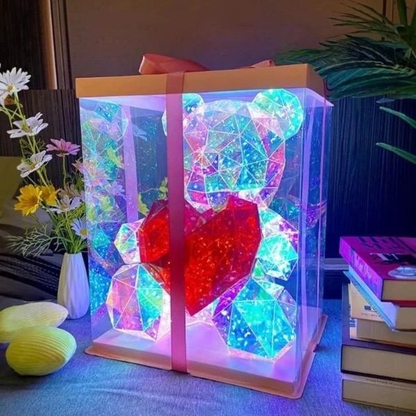 Хрустальний Ведмежатко Геометричний Ведмедик 3D LED Teddy Bear нічник з червоним серцем 25 см 2137524843 фото