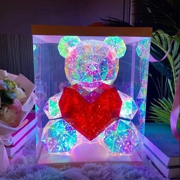 Хрустальний Ведмежатко Геометричний Ведмедик 3D LED Teddy Bear нічник з червоним серцем 25 см 2137524843 фото