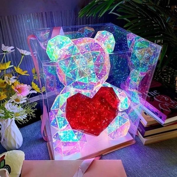 Хрустальний Ведмежатко Геометричний Ведмедик 3D LED Teddy Bear нічник з червоним серцем 25 см 2137524843 фото